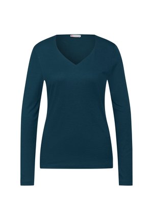 Damska bluzka z długim rękawem w ciemnym odcieniu teal, z dekoltem w serek, wykonaną z miękkiego materiału i o slim fit, bez widocznych wzorów ani zdobień.