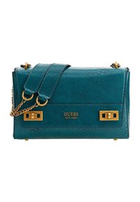 Teal faux läderhandväska med strukturerad yta, guldfärgad hårdvara, kedjestrad och logodetaljer. Har en kompakt rektangulär form.