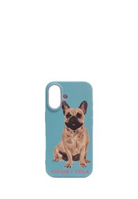 Funda de teléfono con ilustración de un Bulldog Francés, fondo azul, textura de silicona suave y texto en rosa que dice "BIMBA Y LOLA".