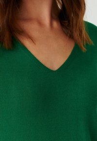 Maglione verde a scollo a V con una texture liscia, caratterizzato da un motivo a maglia sottile e linee pulite, che presenta un colore uniforme e vibrante.