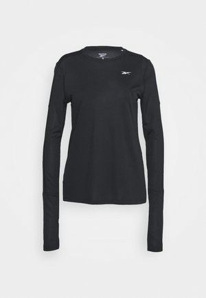 Langärmliges Sportshirt in Schwarz, aus glattem, leichtem Stoff gefertigt. Hat einen Rundhalsausschnitt und ein kleines Logo auf der Brust.