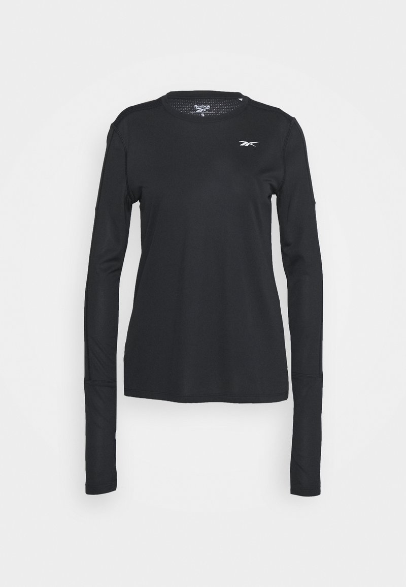 Pitkähihaisen urheiluspaidat mustana, valmistettu sileästä ja kevyestä kankaasta. Varustettu pyöreällä kaula-aukolla ja pienellä logolla rinnassa.