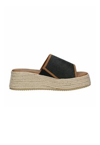 Sandaletta nera intrecciata slip-on con un accento marrone, presenta una spessa piattaforma in juta intrecciata e una parte superiore testurizzata, progettata per un uso casual.