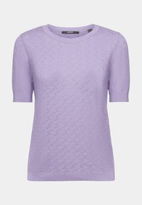 Haut en tricot violet à manches courtes avec un motif subtil en œillets, col rond et poignets et ourlet côtelés.