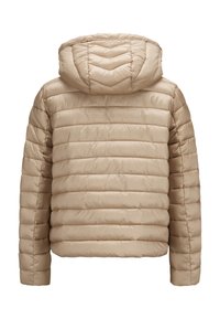 Beige Steppjacke mit horizontalem Steppmuster, ausgestattet mit Kapuze und glatter Textur. Verfügt über einen kurzen Schnitt und lange Ärmel.