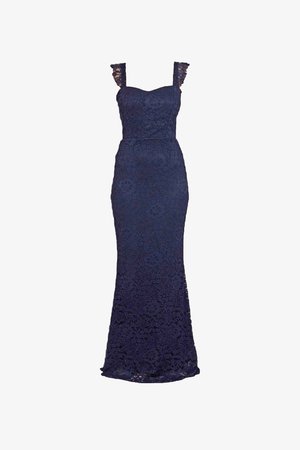 Tums zila mežģīņu kleita ar pieguļošu augšdaļu, platām odziņām un mermaid siluetu ar viļņotu apakšmalu un ziedu rakstiem.