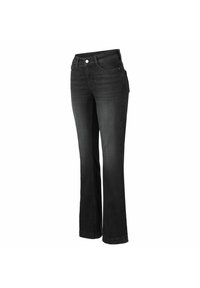 Svart denimjeans med design med utsvängda ben. Har en standard femlommeoppsett og en spenne med en knapp i midjen.