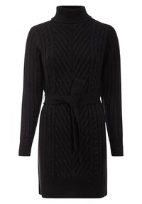 Robe pull noire en tricot avec un col haut, présentant une texture côtelée, un motif en chevrons et une taille ceinturée assortie.