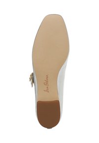 Silver shoe sole with a smooth finish, featuring a rounded shape, a brown rubber heel, and embossed "Sam Edelman" branding.