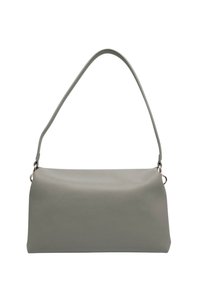 Borsa a tracolla in pelle grigia con una texture liscia, forma rettangolare e una singola tracolla lunga. Presenta cuciture sottili e una minuteria minimalista.