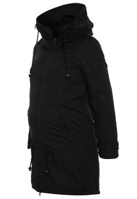 Manteau d'hiver noir mi-long avec fermeture éclair frontale, capuche ajustable avec cordons, poches latérales et sangles aux poignets, présenté sur un mannequin.