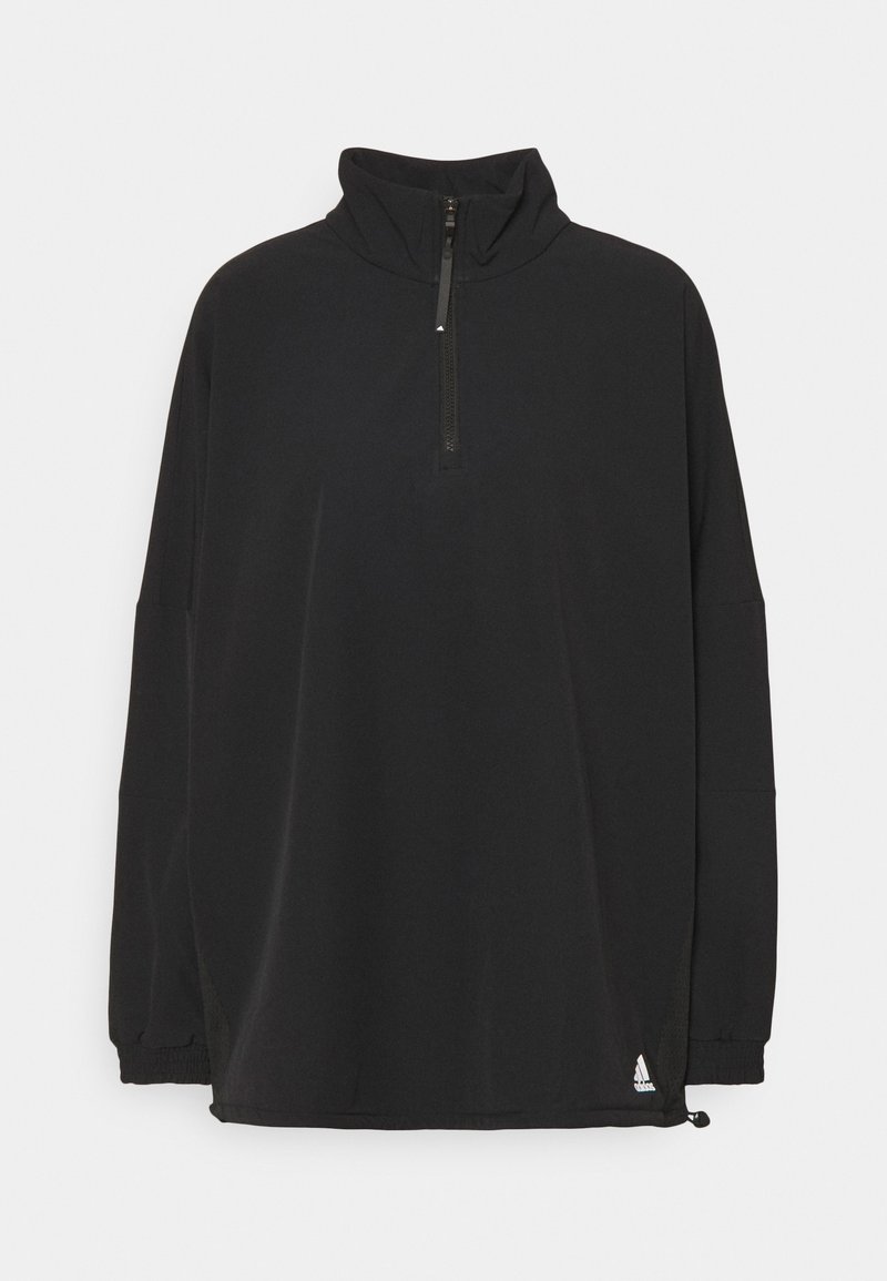 Sort pullover-top lavet af blødt materiale, med høj krave, kvart lynlås, lange ærmer og snor i kanten. Ikonisk logo på bunden.