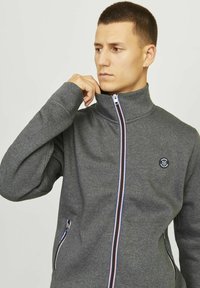 Sivá mikina na zips s vysokým golierom, bočnými vreckami s kontrastnými zipsami a okrúhlym logom na prsiach.