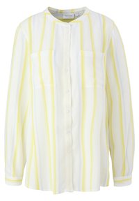 Camicia bianca con righe verticali gialle e azzurre chiare, maniche lunghe, due taschini sul petto e colletto arrotondato.