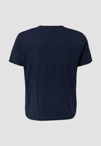 Marineblaue Baumwoll-T-Shirt mit Rundhalsausschnitt und kurzen Ärmeln. Einfache Gestaltung, gerader Saum und keine sichtbaren Marken oder Muster.