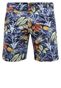 Shorts de bain à motifs floraux sur fond bleu marine, ornés d'ananas jaunes, de feuilles vertes et d'accents rouges. Fabriqués en tissu léger avec une fermeture à bouton.