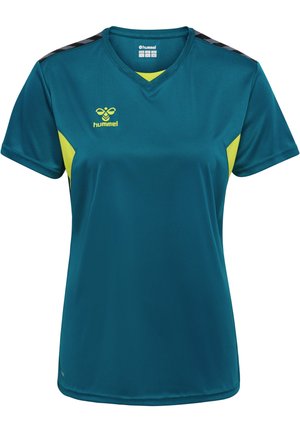 Teal sportshirt met gele accenten, v-hals ontwerp en zwart patroon op de schouders. Gemaakt van ademende stof voor sportief gebruik.