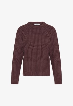 Strikket sweater i dyb burgundy med ribbet tekstur, rund halsudskæring og lange ærmer. Har raglan-ærmer og en lige kant.