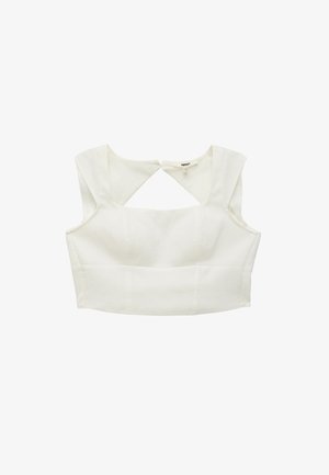 White cropped top with a structured design, featuring wide shoulder straps and a keyhole cutout at the back. Smooth texture, no patterns.
