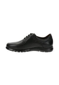 Scarpe stringate in pelle nera con superficie liscia, punta arrotondata e suola in gomma flessibile. Presentano dettagli di cucitura discreti e un profilo basso.