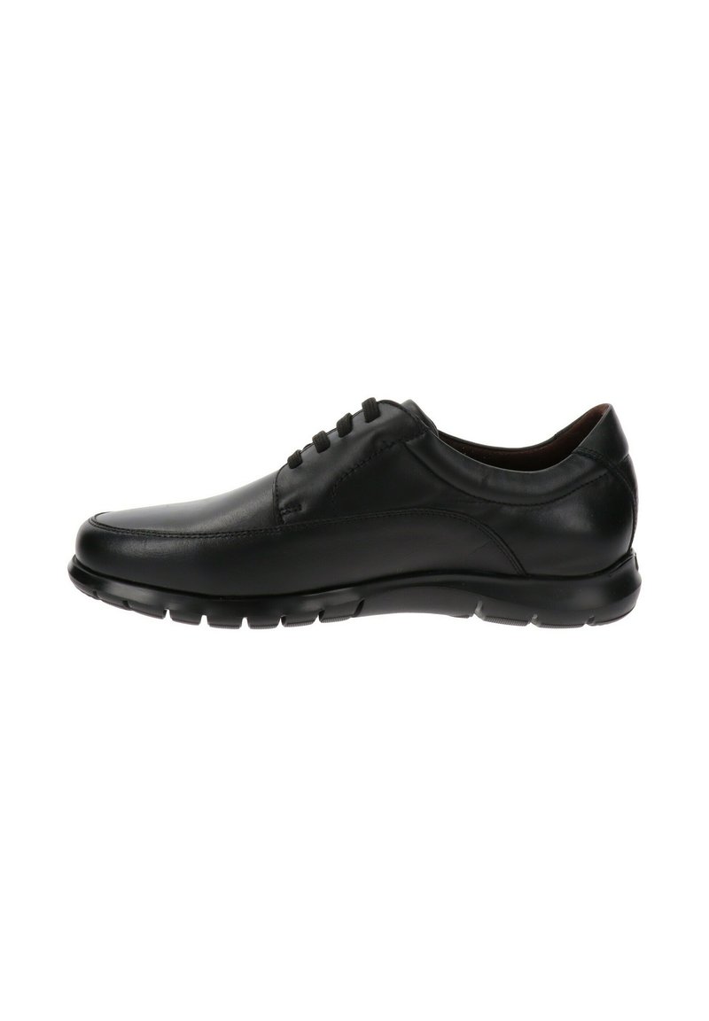 Scarpe stringate in pelle nera con superficie liscia, punta arrotondata e suola in gomma flessibile. Presentano dettagli di cucitura discreti e un profilo basso.