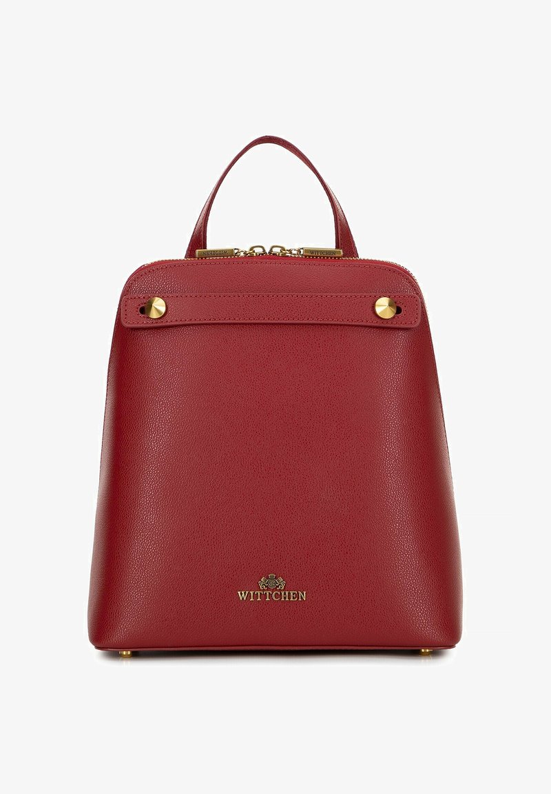 Borsa a mano rossa in pelle con manico superiore, hardware dorato, chiusura con cerniera e logo Wittchen al centro anteriore.