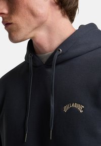 Navy hooded sweatshirt featuring a kangaroo pocket, drawstrings with metal tips, and an embroidered logo in a curved design.