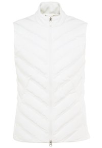 White, sleeveless puffer vest with a high neck. Features a zip closure and a chevron quilted pattern for added texture.