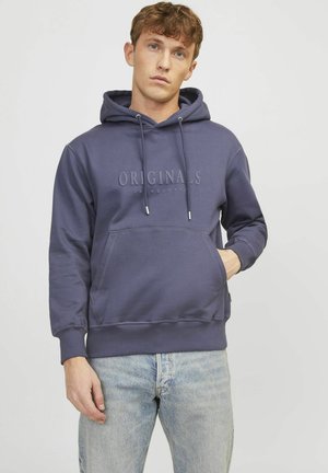 Navy hoodie with drawstrings and front pocket. Features embossed "ORIGINALS" text. Soft fabric, relaxed fit, and ribbed cuffs.