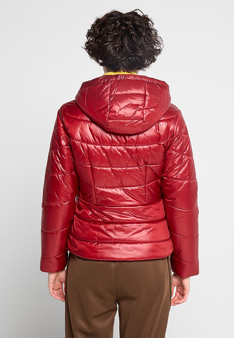 Rode doorgestikte pufferjas met een afneembare capuchon, gladde glanzende textuur en ribbelstikking, gezien vanaf de achterkant met een getailleerd ontwerp.