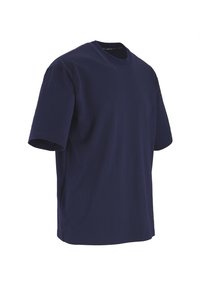Navy blue short-sleeve T-shirt made of cotton, featuring a classic crew neckline and a relaxed fit with no patterns or graphics.