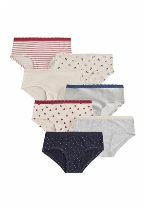 Sieben Damen-Hipster-Unterhosen in verschiedenen Mustern, darunter Streifen, Herzen, Punkte und Blumen, jeweils mit einem Spitzenbund.
