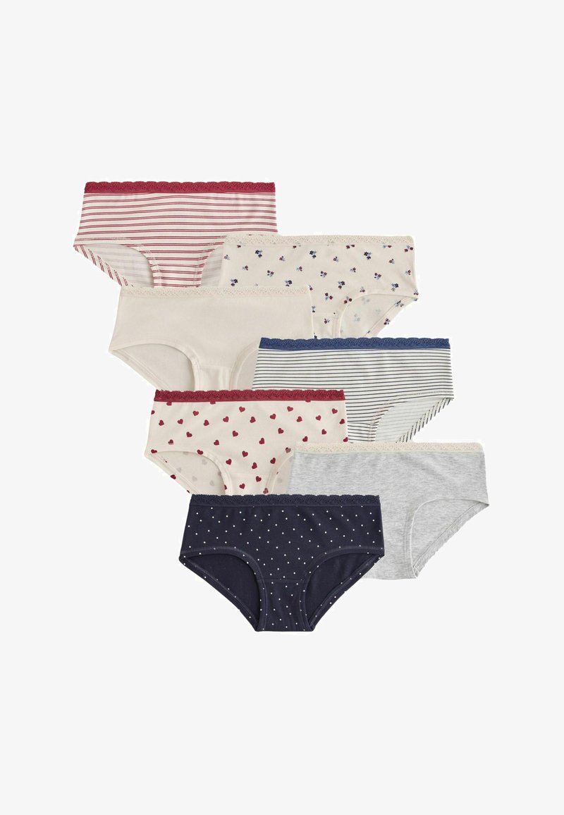 Sept culottes hipster pour femmes dans plusieurs motifs, y compris rayures, cœurs, pois et fleurs, chacune avec une ceinture en dentelle.