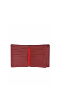 Portefeuille bifold rouge ouvert, montrant plusieurs emplacements pour cartes des deux côtés et une doublure intérieure lisse.