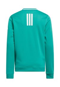 Chaqueta atlética de color verde azulado con detalle de tres rayas blancas en la parte posterior, puños y cintura acanalados, y tejido de textura suave.