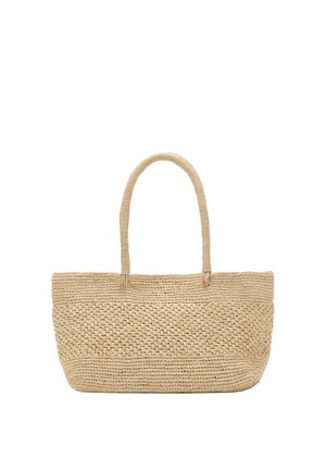 Sac cabas en paille tissée beige avec une base rectangulaire, motif texturé et deux anses de longueur moyenne.