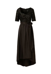 Czarna wieczorowa sukienka z dopasowanym koronkowym gorsetem, krótkimi rękawami i swobodną spódnicą. Posiada ozdobny pasek w talii oraz asymetryczny dół w stylu high-low.