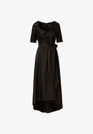 Abito da sera nero con un corpo aderente ricoperto di paillettes, maniche corte e gonna fluida. Presenta una cintura e un design con orlo asimmetrico.