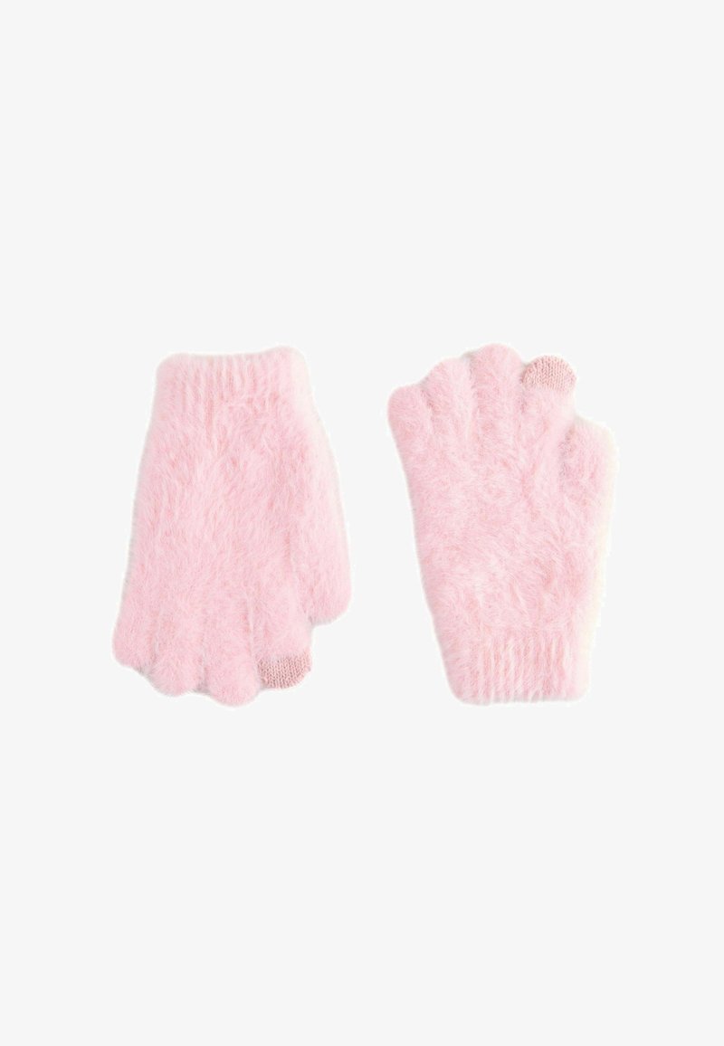 Paire de gants roses doux et duveteux avec doigts séparés et bouts compatibles avec écran tactile aux pouces et index.