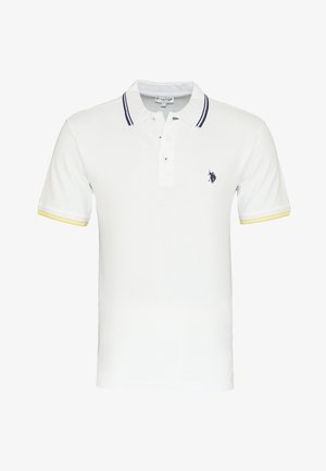Biała koszulka polo wykonana z bawełny, z dwoma guzikami przy kołnierzyku, w granatowo-żółte paski na kołnierzu i rękawach, z małym logo na piersi.