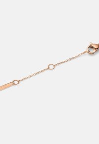 Reťaz v ru�žovom zlate s mušľovým zapínaním a obdĺžnikovou visačkou s gravírovaným nápisom "Daniel Wellington", s hladkým, lesklým povrchom.