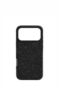 Czarne etui na telefon o teksturowanej powierzchni z błyszczącym, nakrapianym wzorem. Zaokrąglone krawędzie i otwarty górny fragment umożliwiający dostęp do aparatu.