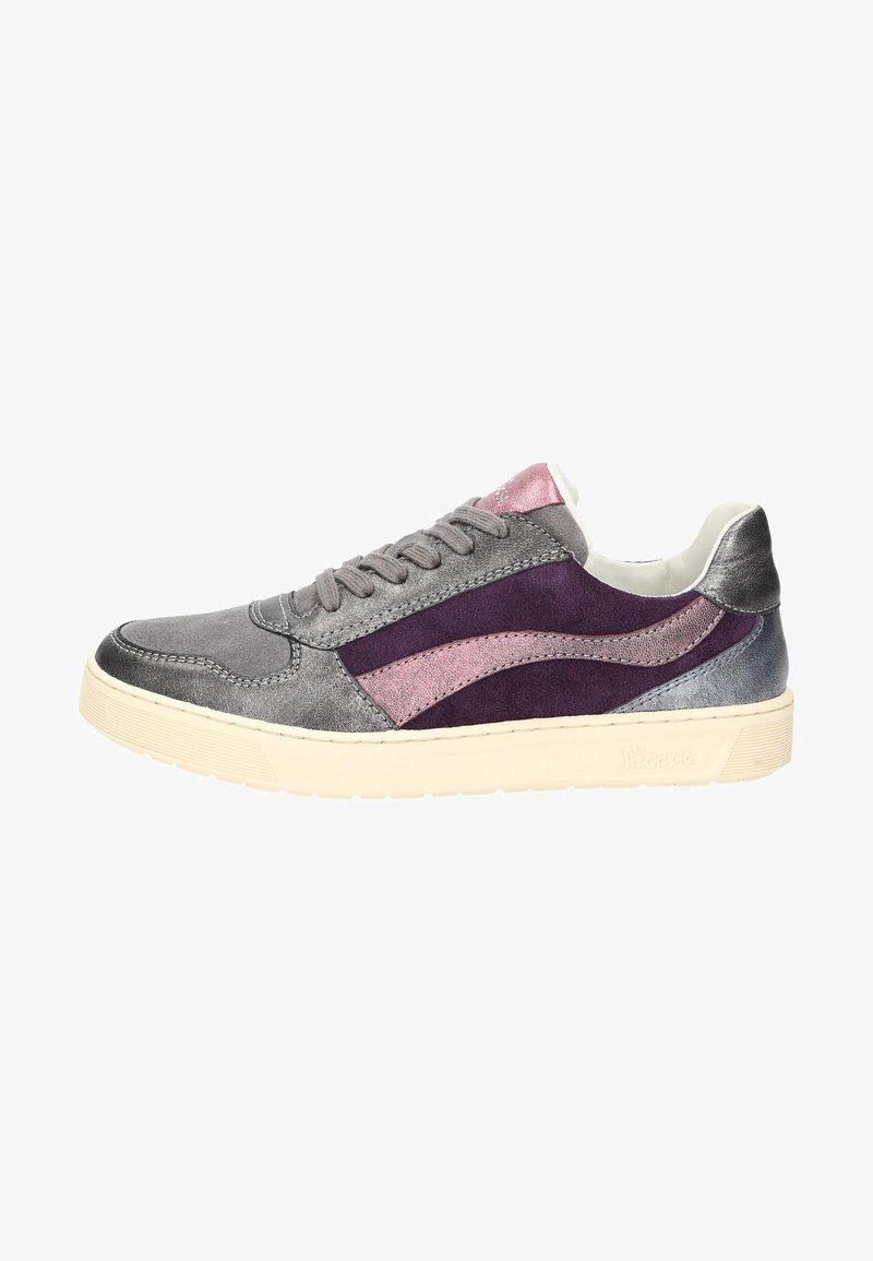 Gray and purple textured sneakers featuring a mix of suede and leather, with a cream rubber sole and metallic accents.