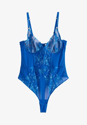 Body azul con detalles de encaje transparente. Cuenta con tirantes ajustables, bordado floral y un diseño ajustado con parte trasera tipo tanga.