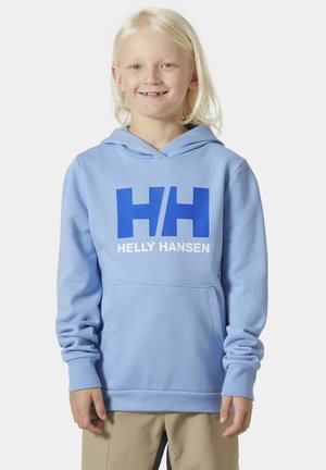 Sudadera con capucha de color azul claro, hecha de una tela suave, que presenta un gran logotipo azul en negrita "HH" y el texto "HELLY HANSEN" en el frente.