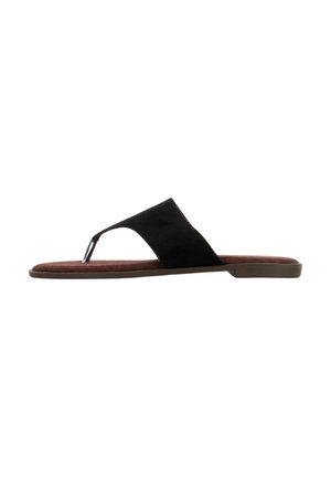 Flad sandal med en brun sål og en bred sort rem med en tåpost, vist i profil mod en hvid baggrund.