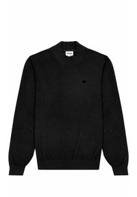 Czarny sweter z dzianiny z długimi rękawami, okrągłym dekoltem oraz ściągaczami na rękawach i na dolnej krawędzi. Posiada małe logo na klatce piersiowej. Miękka tekstura i klasyczny design.