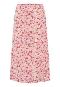 Jupe midi florale en rose clair avec des motifs de fleurs rouges et violettes. Elle présente une taille plate et une silhouette fluide et droite.