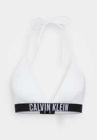 White ribbed triangle bikini top with adjustable ties and a black elastic band featuring white "CALVIN KLEIN" logo.