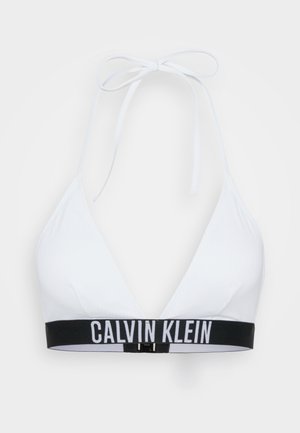 White ribbed triangle bikini top with adjustable ties and a black elastic band featuring white "CALVIN KLEIN" logo.